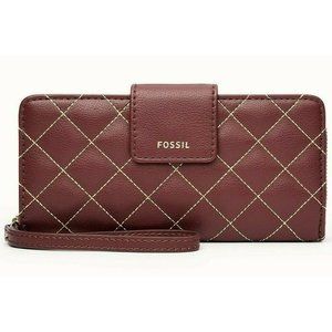 New Fossil Madison zip clutch wristlet Leather wallet Medium Wine Quilted